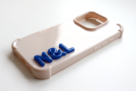Beige iPhone case - custom name in blue