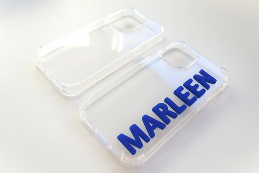 Transparant iPhone case - custom name in blue